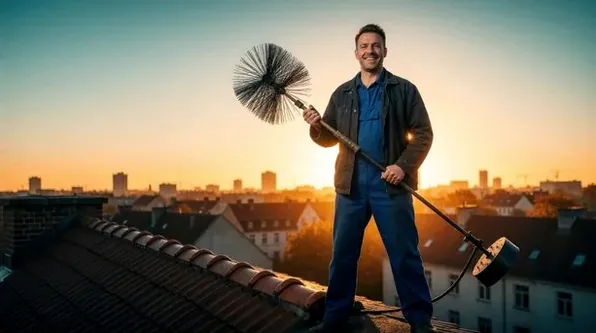 Chimney technician on a Manalapan roof at dusk